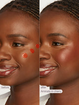 Before and after comparison of a woman's face with a bronze makeup product applied.