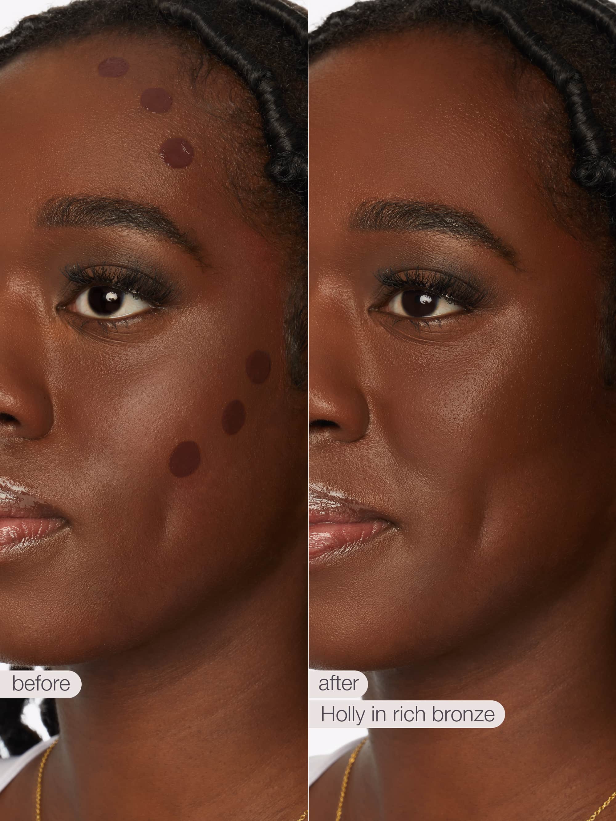 Before and after comparison of a woman's face with a sculpt tape™ applied, labeled 'Holly in rich bronze'.