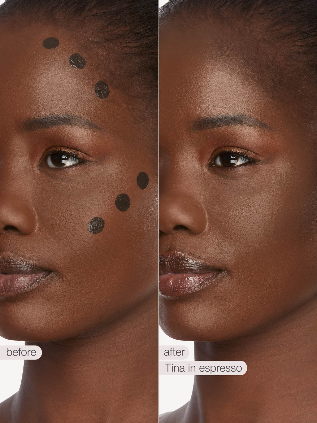Before and after comparison of a woman's face with visible dark spots, using a product labeled 'Tina in espresso' tarte sculpt tape™ 