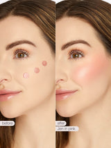 Before and after comparison of a woman's face with makeup application on a beige background.