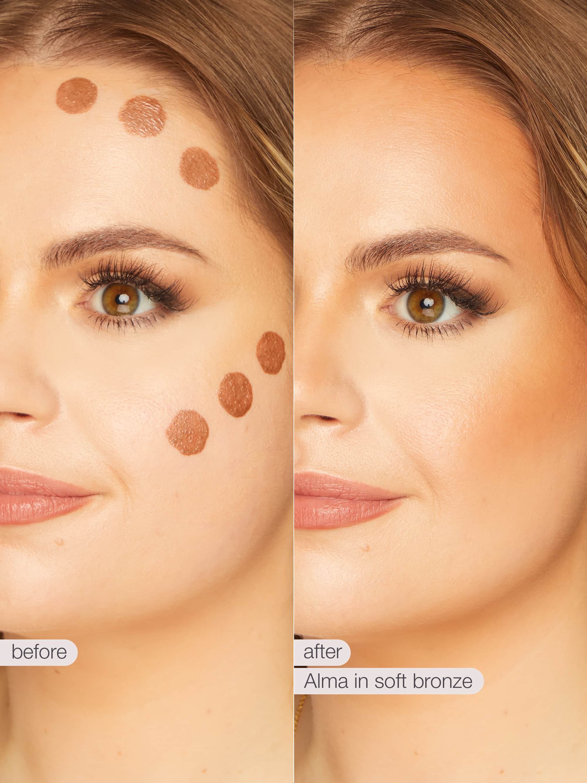 Before and after comparison of a woman's face with sculpt tape™ application on a beige background.