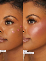 Before and after comparison of a woman's face with makeup application on her cheeks.