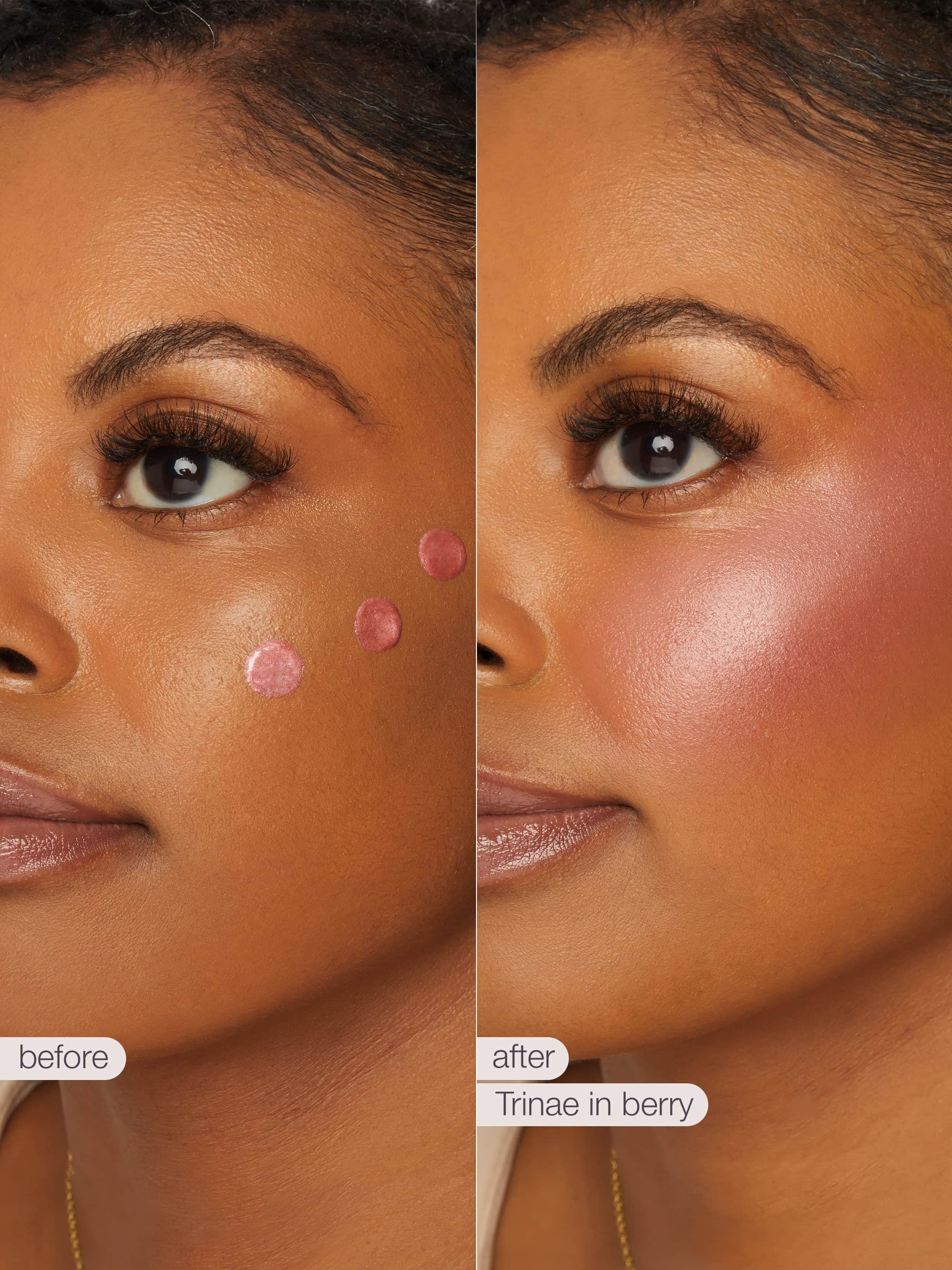 Before and after comparison of a woman's face with makeup application on her cheeks.