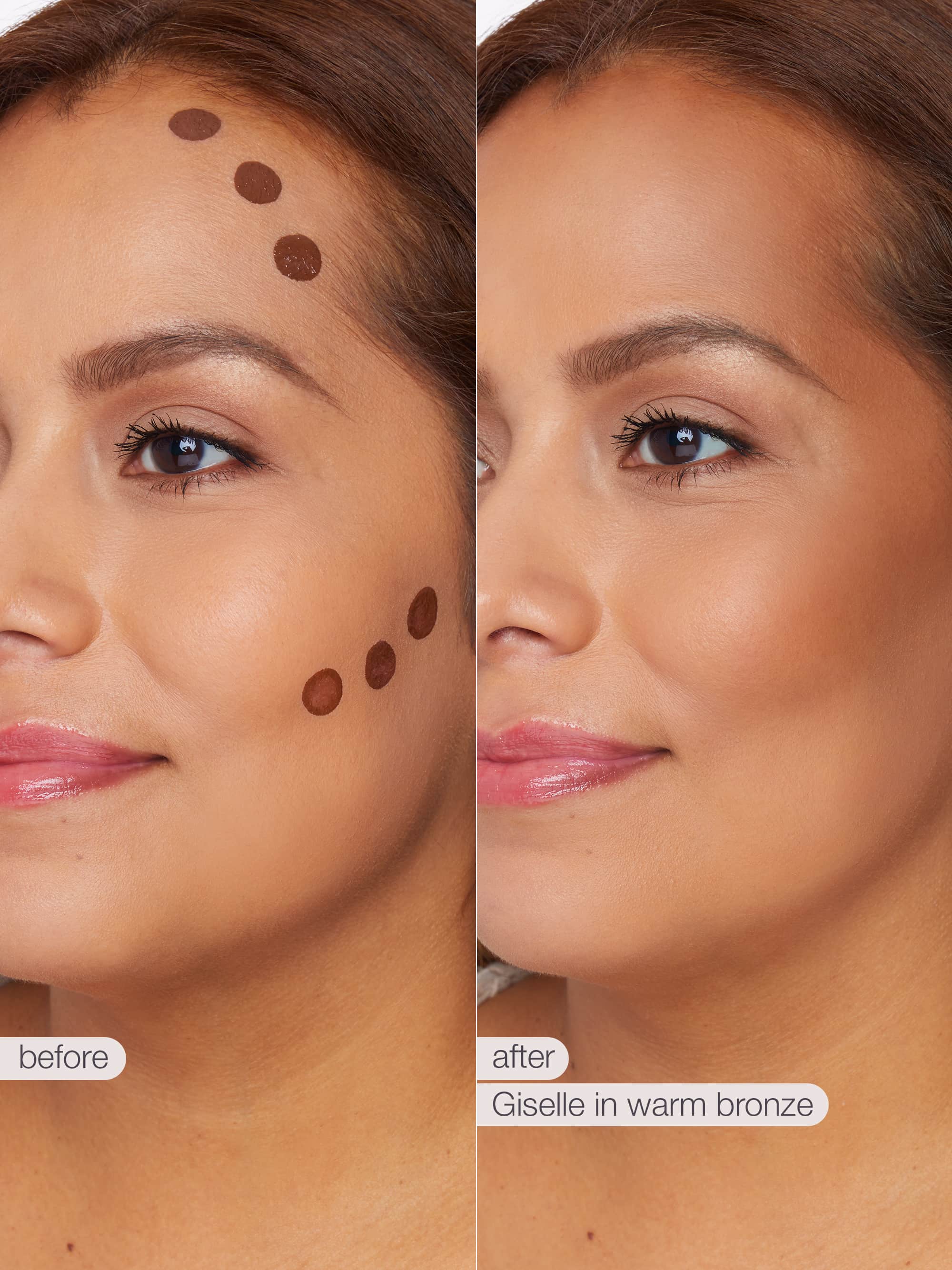 Before and after comparison of a woman's face with sculpt tape™ application on her cheeks.