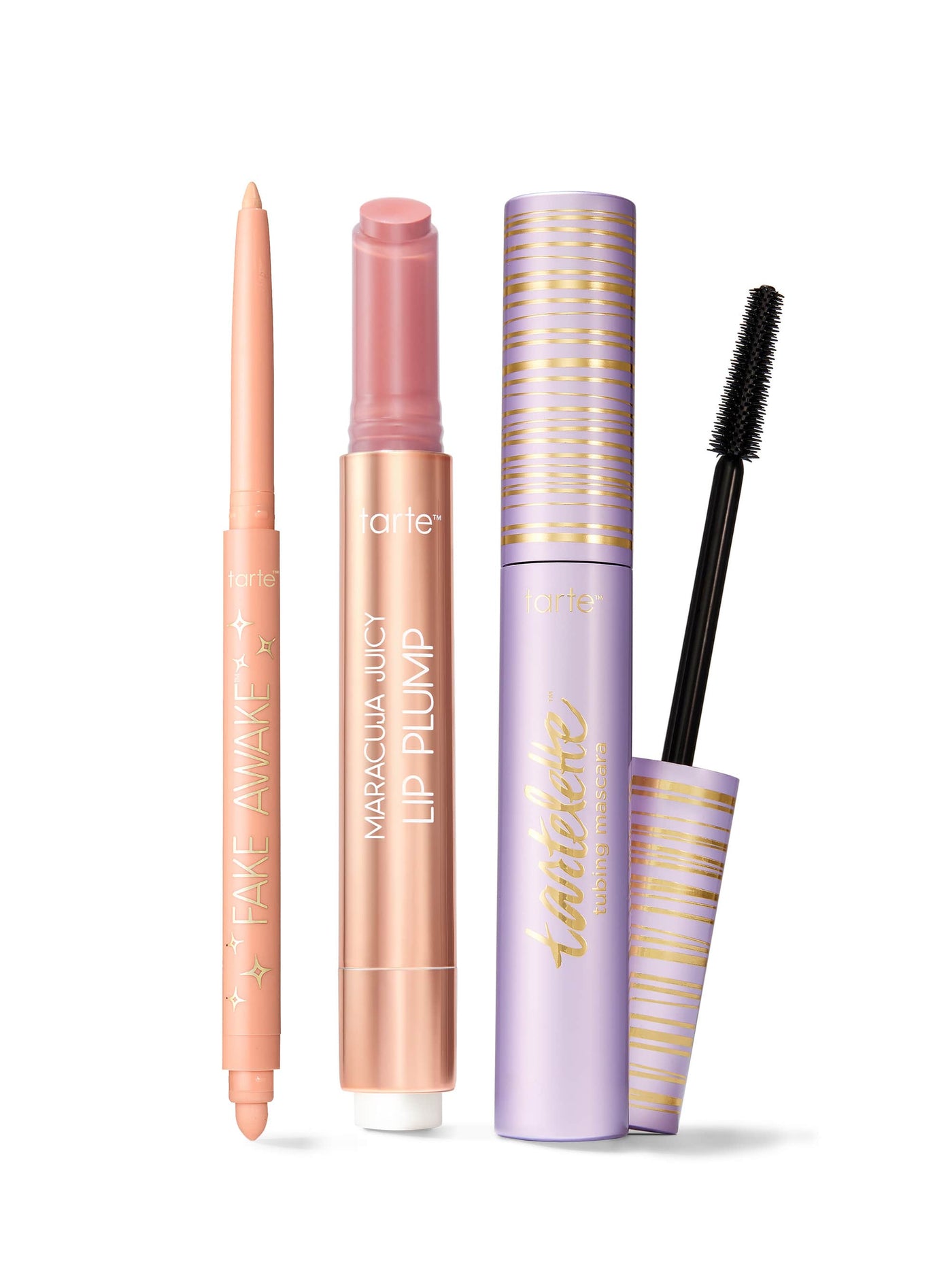 Makeup products including a tarte fake awake eye highlight, maracuja juicy lip plump, and tartelette tubing mascara. 