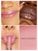 Collage of a maracuja juicy lip plump being applied to lips with close-up shots and a 'cherry blossom' label.