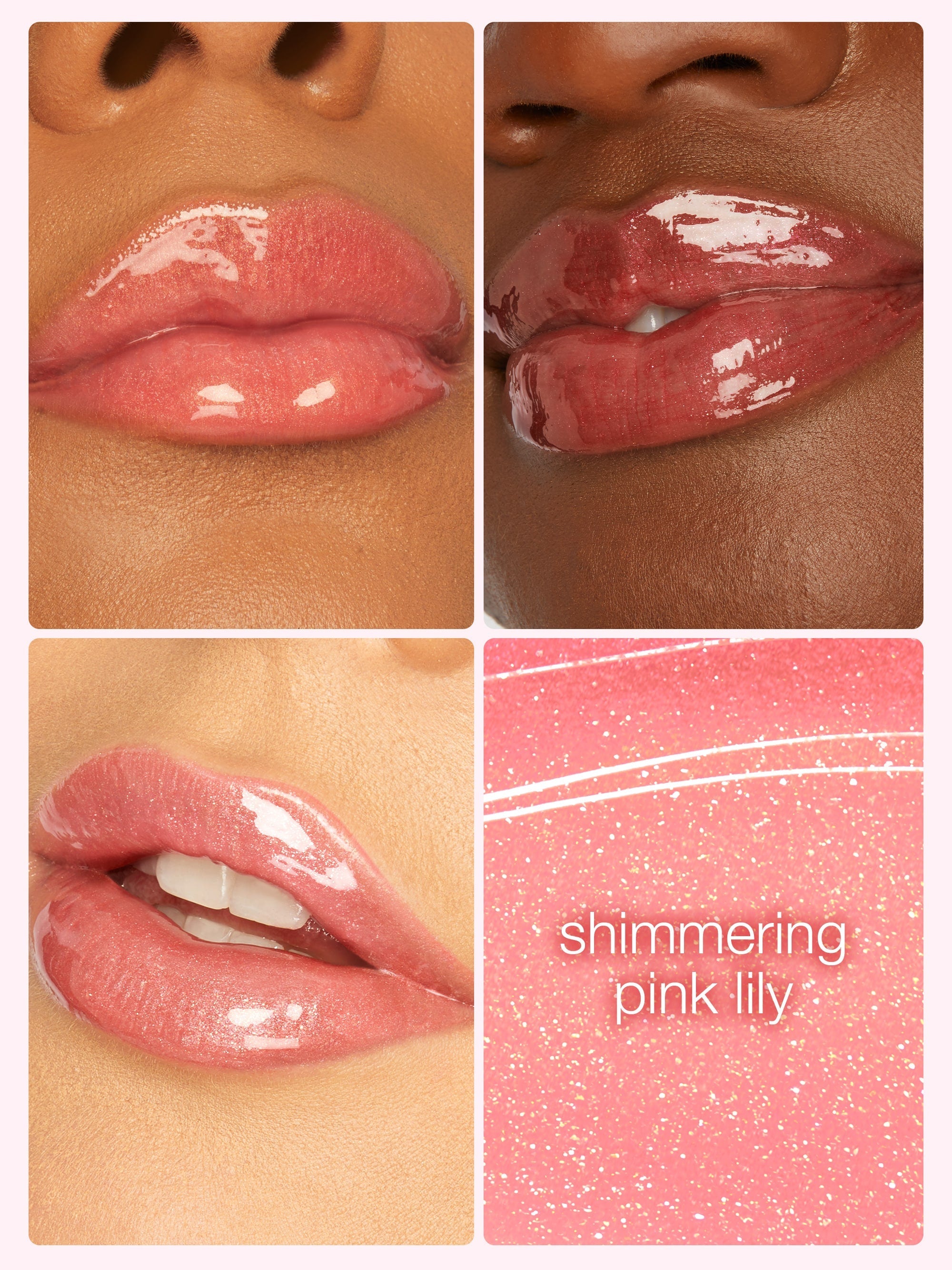 Collage of a person's lips with a close-up of a pink lip gloss labeled 'shimmering pink lily'.