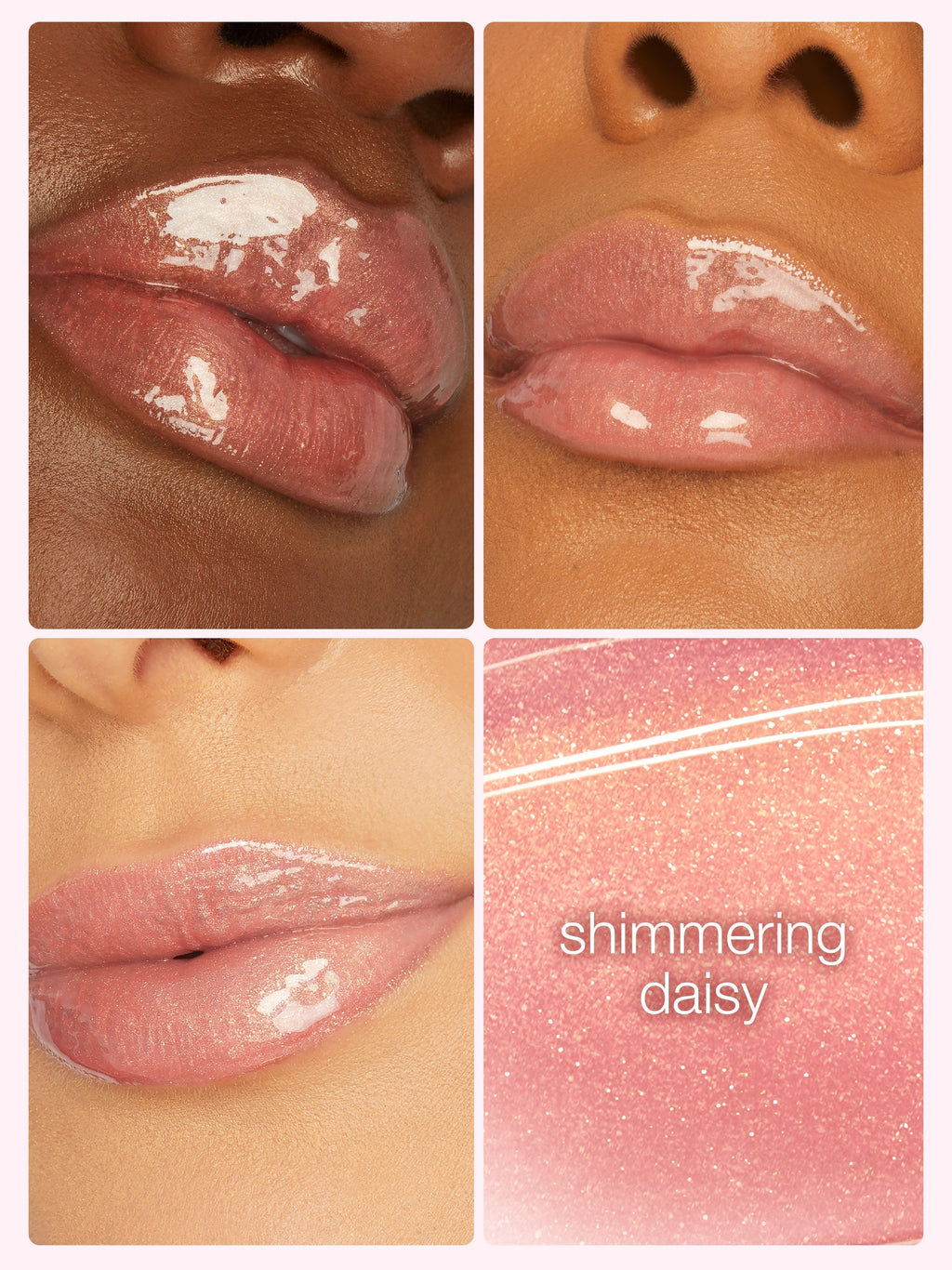 Collage of lips wearing a pink lip gloss with 'shimmering daisy' text.