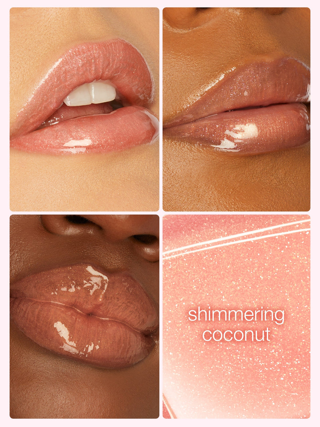 Collage of lips with a lip gloss labeled 'shimmering coconut' on a beige background.
