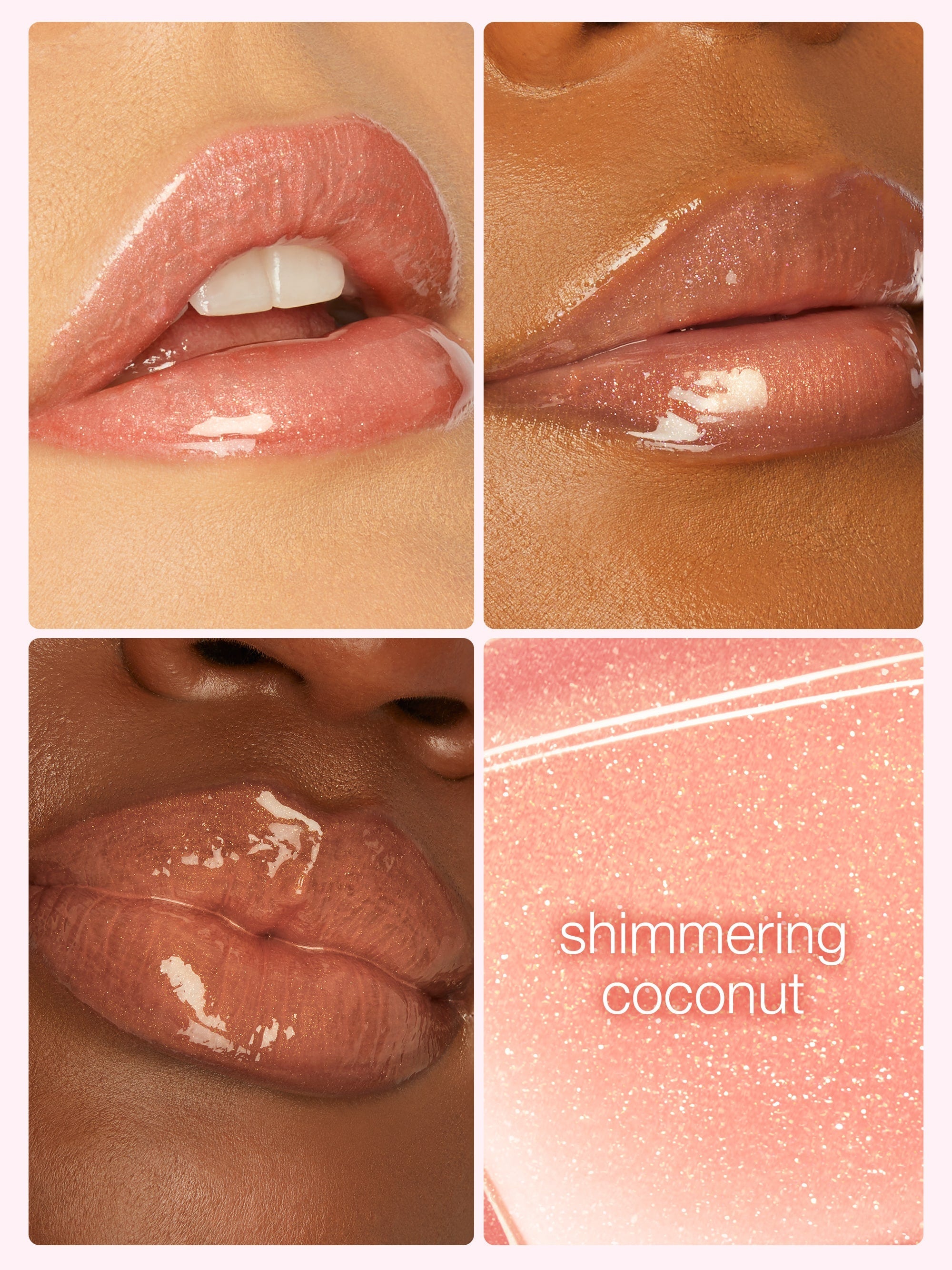 Collage of lips with a lip gloss labeled 'shimmering coconut' on a beige background.
