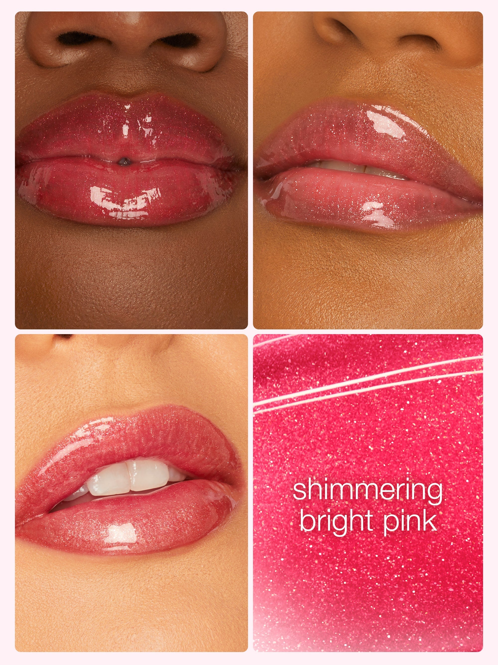Collage of a woman's lips wearing a pink lip gloss with close-up and color swatch.