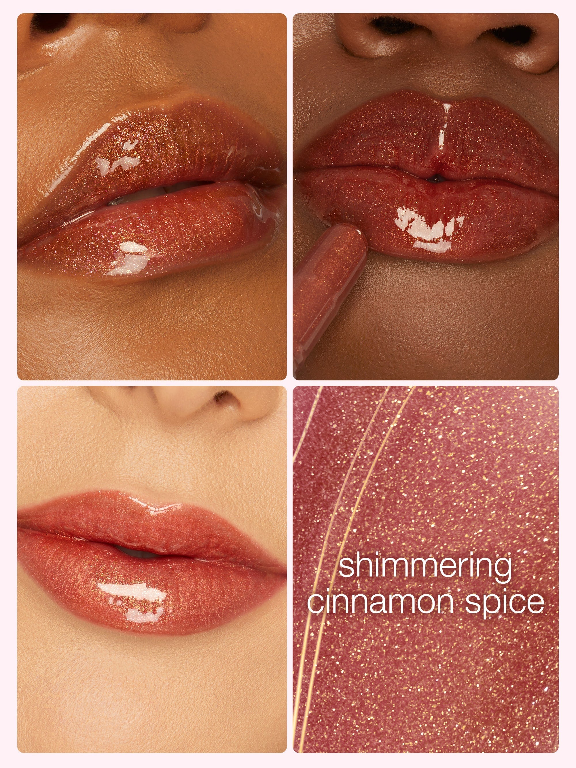 Collage of a lip with 'shimmering cinnamon spice' lipstick on a neutral background