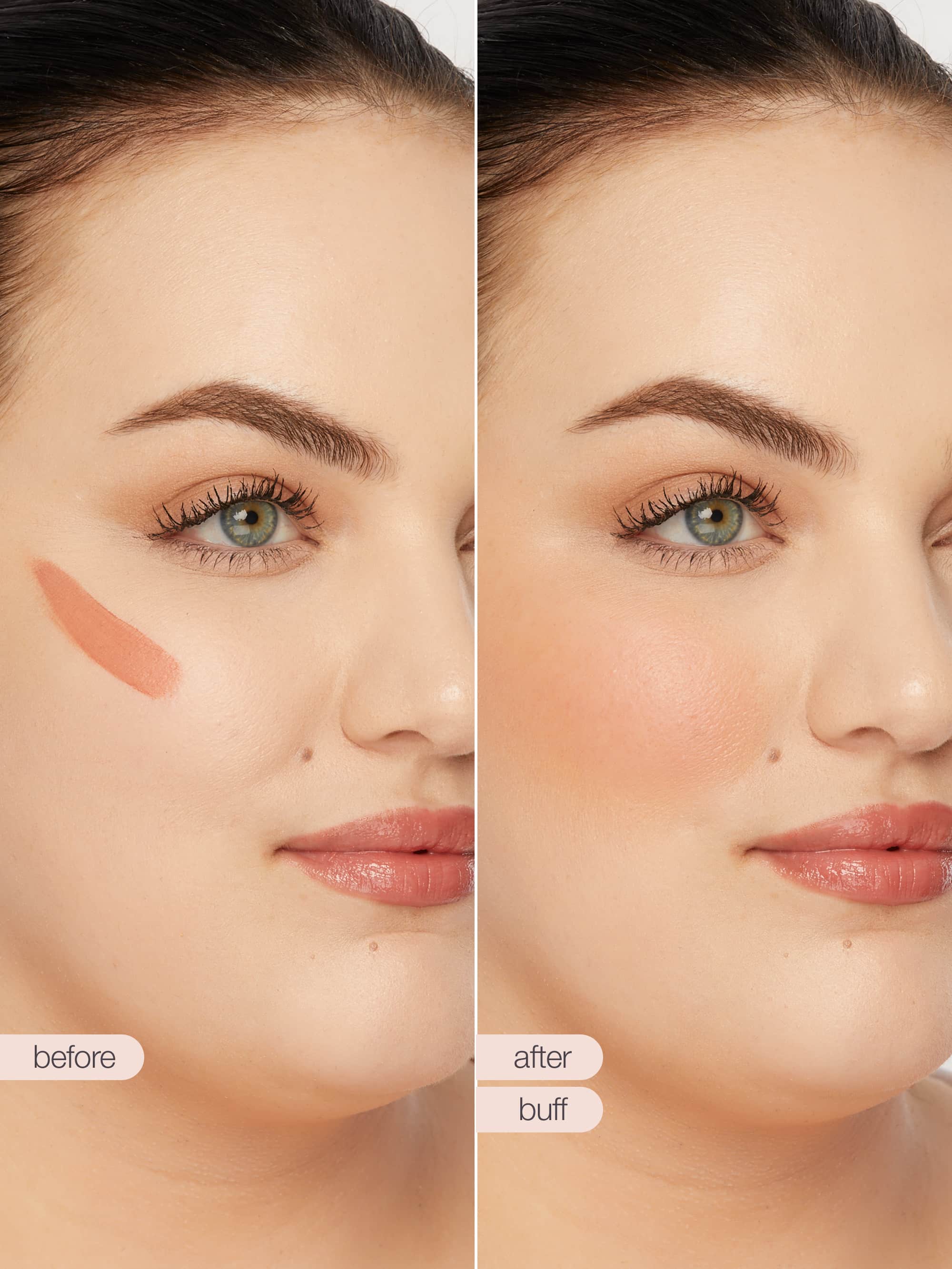 Before and after comparison of maneater cream bronze blush stick application on a person's face.