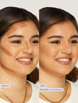 Before and after makeup application on a person's face with 'Maddie in sundown' maneater™ cream bronze stick. 