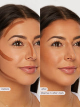 Before and after comparison of a woman's face with cosmetic application, labeled 'before' and 'after' with maneater™ cream bronze stick
