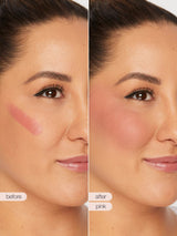 Before and after comparison of a woman's face with maneater™ cream blush stick application.