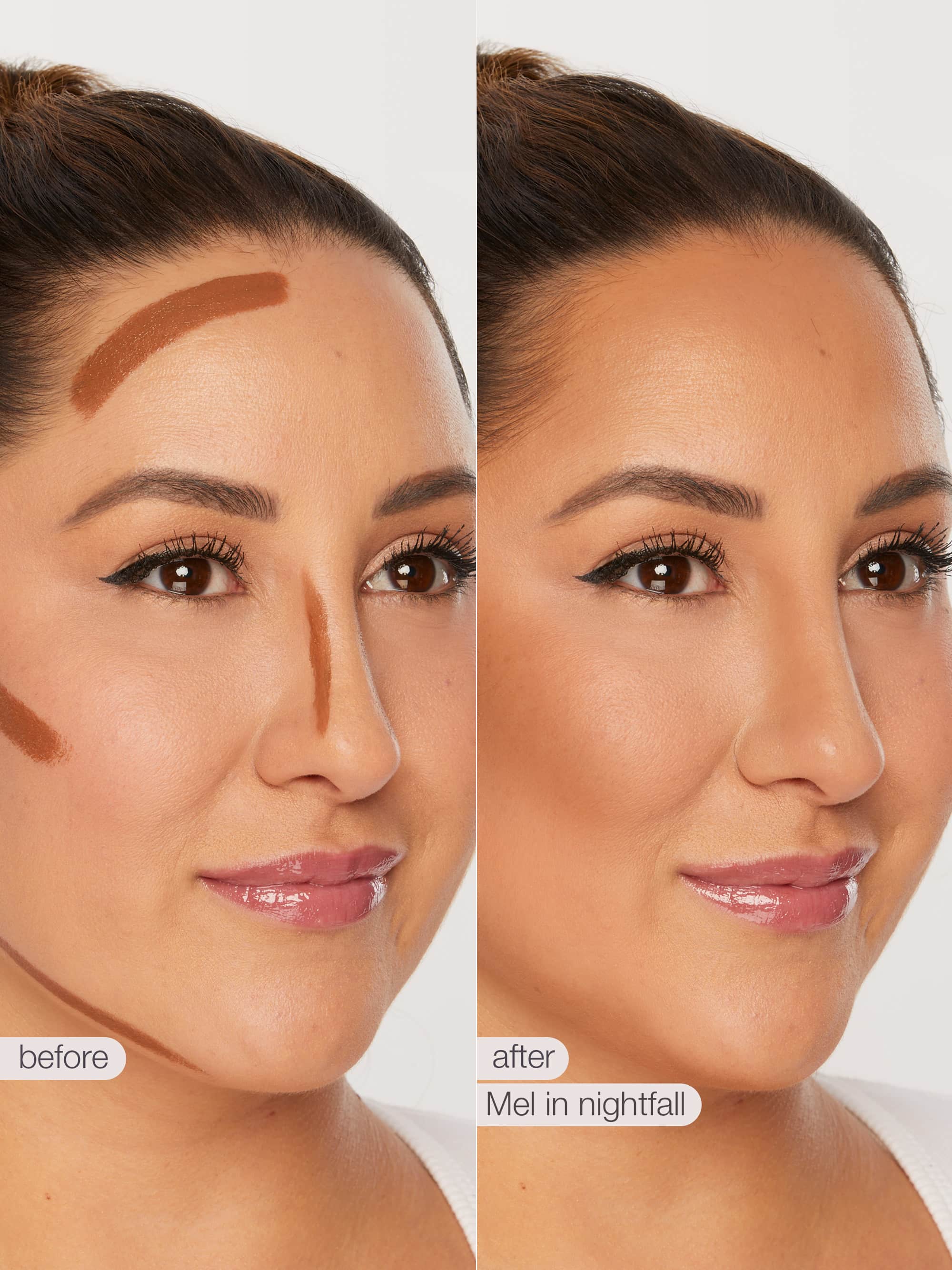 Before and after comparison of a woman's face with maneater™ cream bronze stick application on a neutral background.