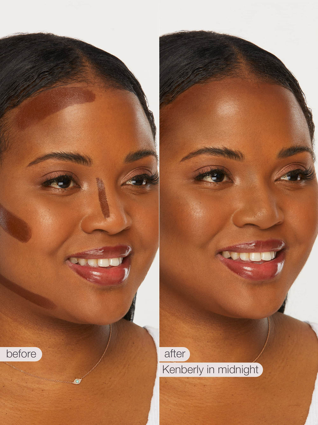 Before and after comparison of a woman's face with maneater™ cream bronze application labeled 'before' and 'after' on a neutral background.