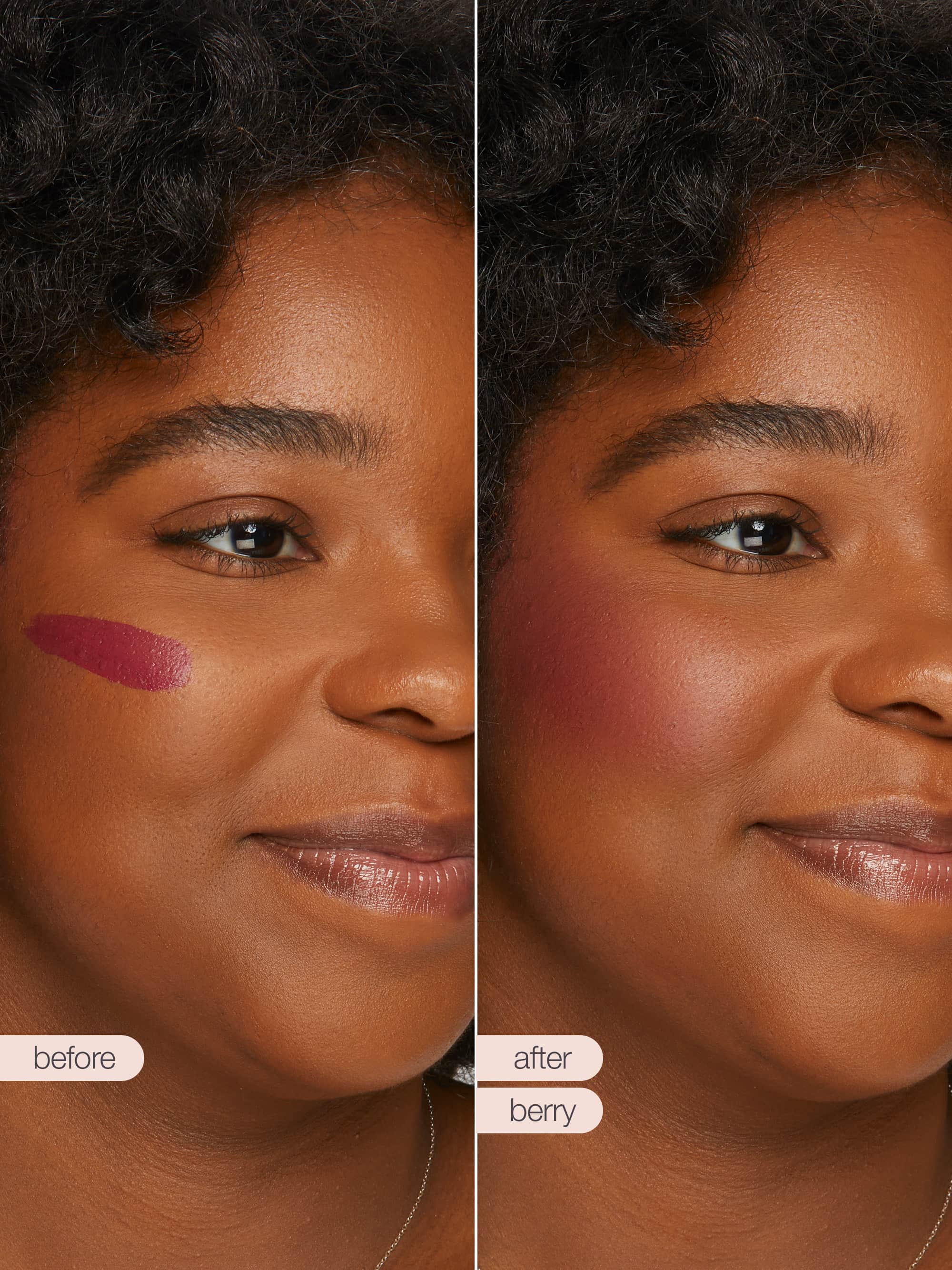 Before and after comparison of a woman's face with maneater™ cream blush stick application on cheek. 