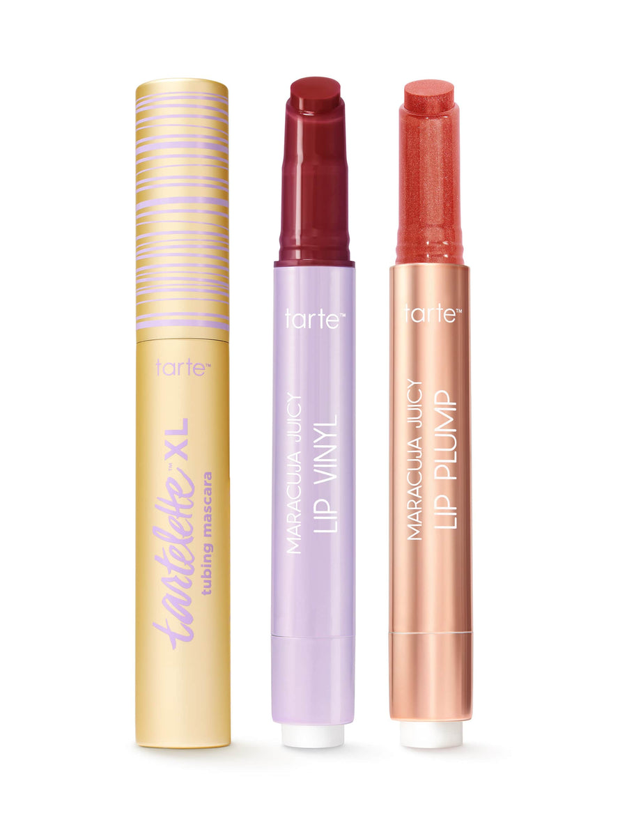 maracuja juicy lip vinyl, shimmer glass & XL tubing mascara set coverage result