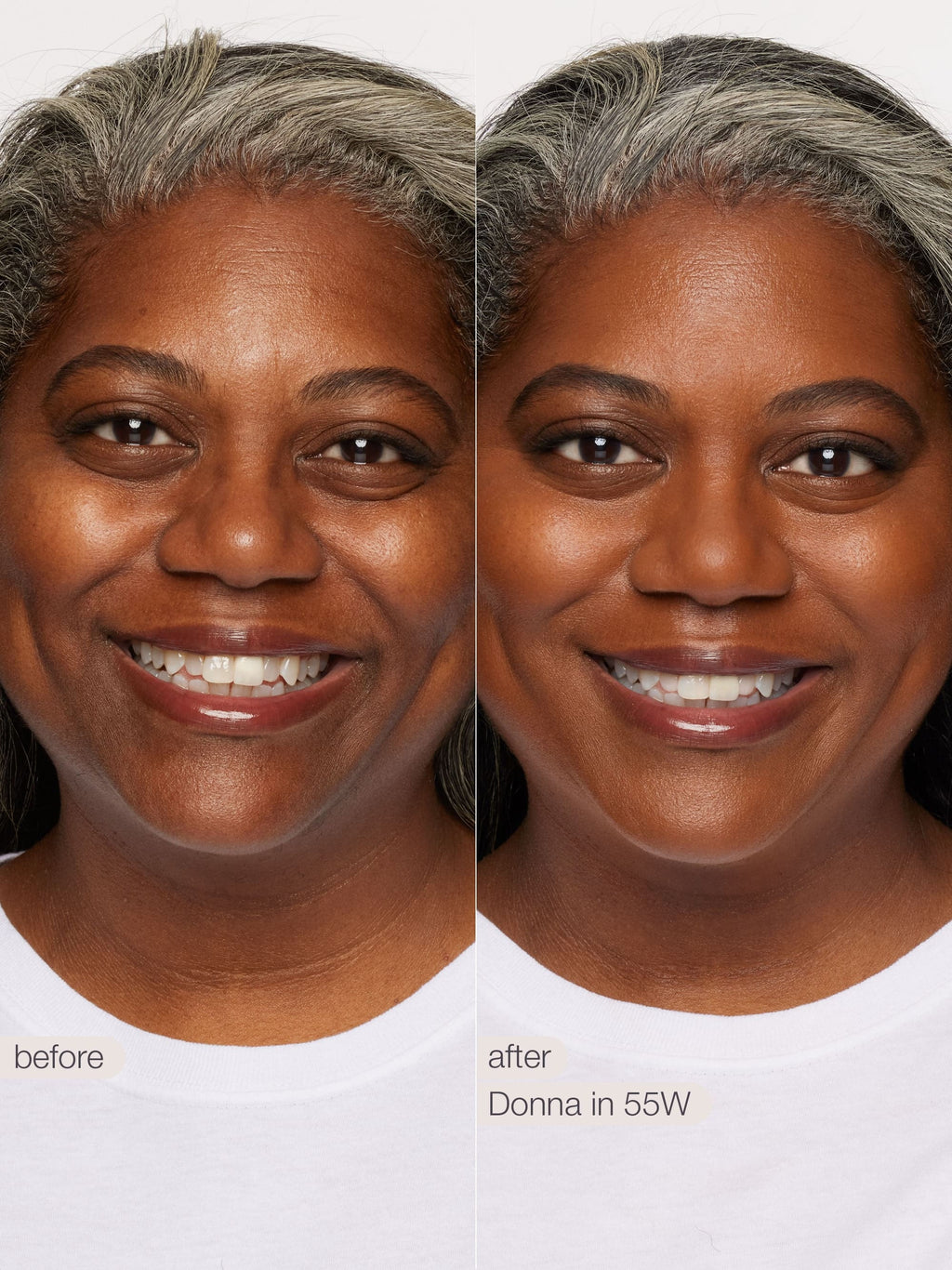 Before and after comparison of a woman's face with text indicating 'before' and 'after' and product name.