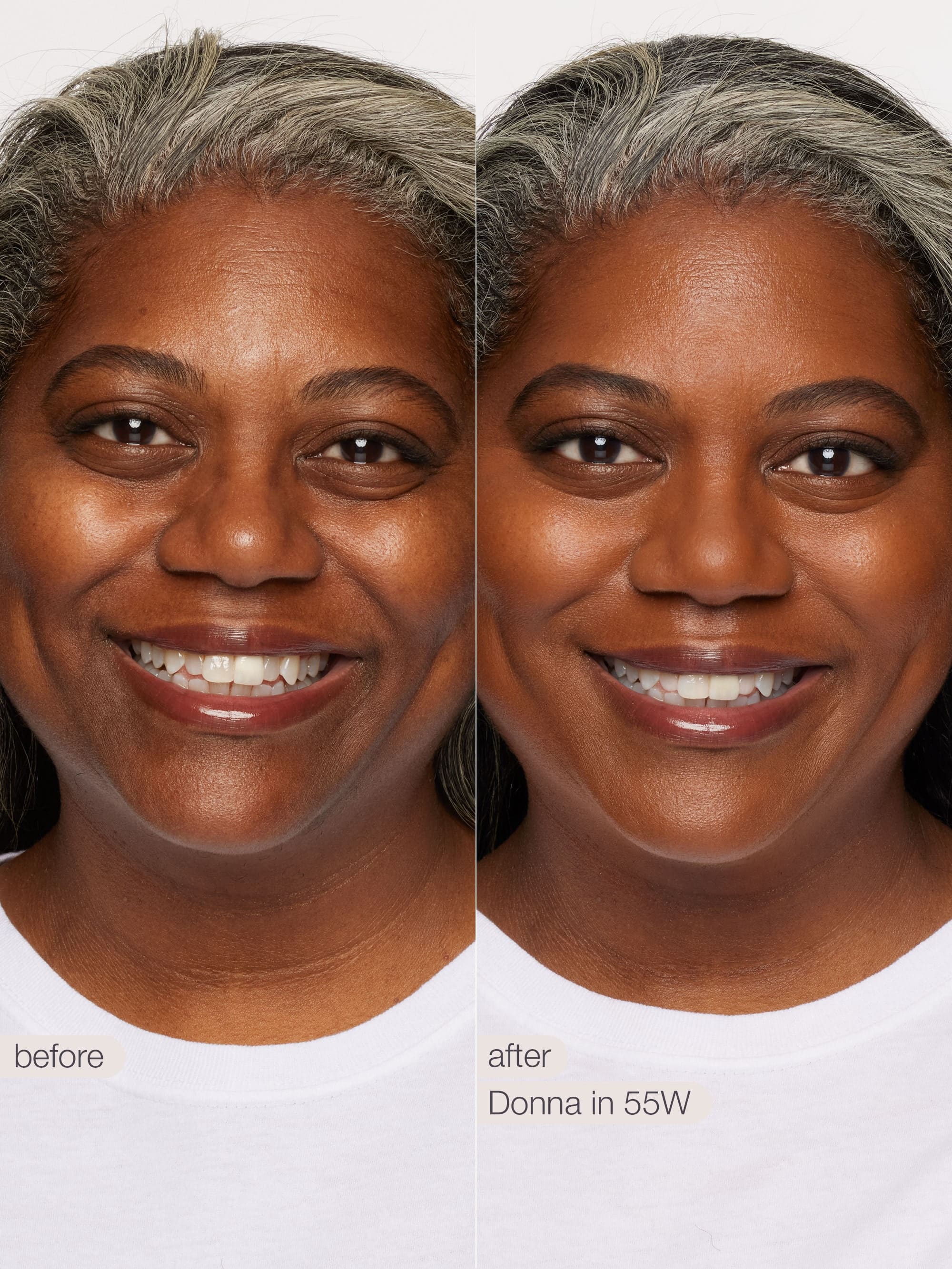 Before and after comparison of a woman's face with text indicating 'before' and 'after' and product name.