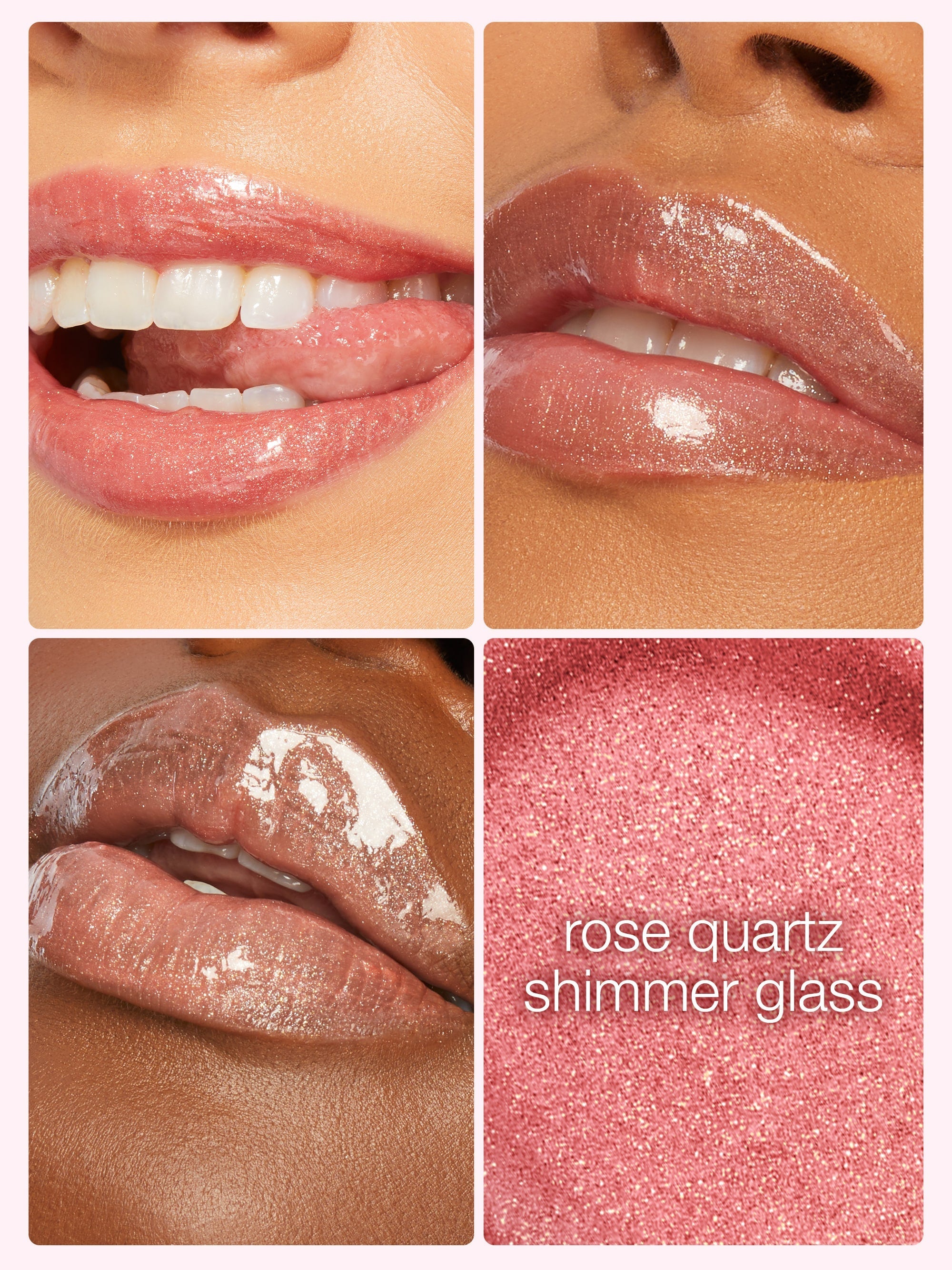 Lipstick shade with close-up views on different skin tones and a color swatch labeled 'rose quartz shimmer glass'.