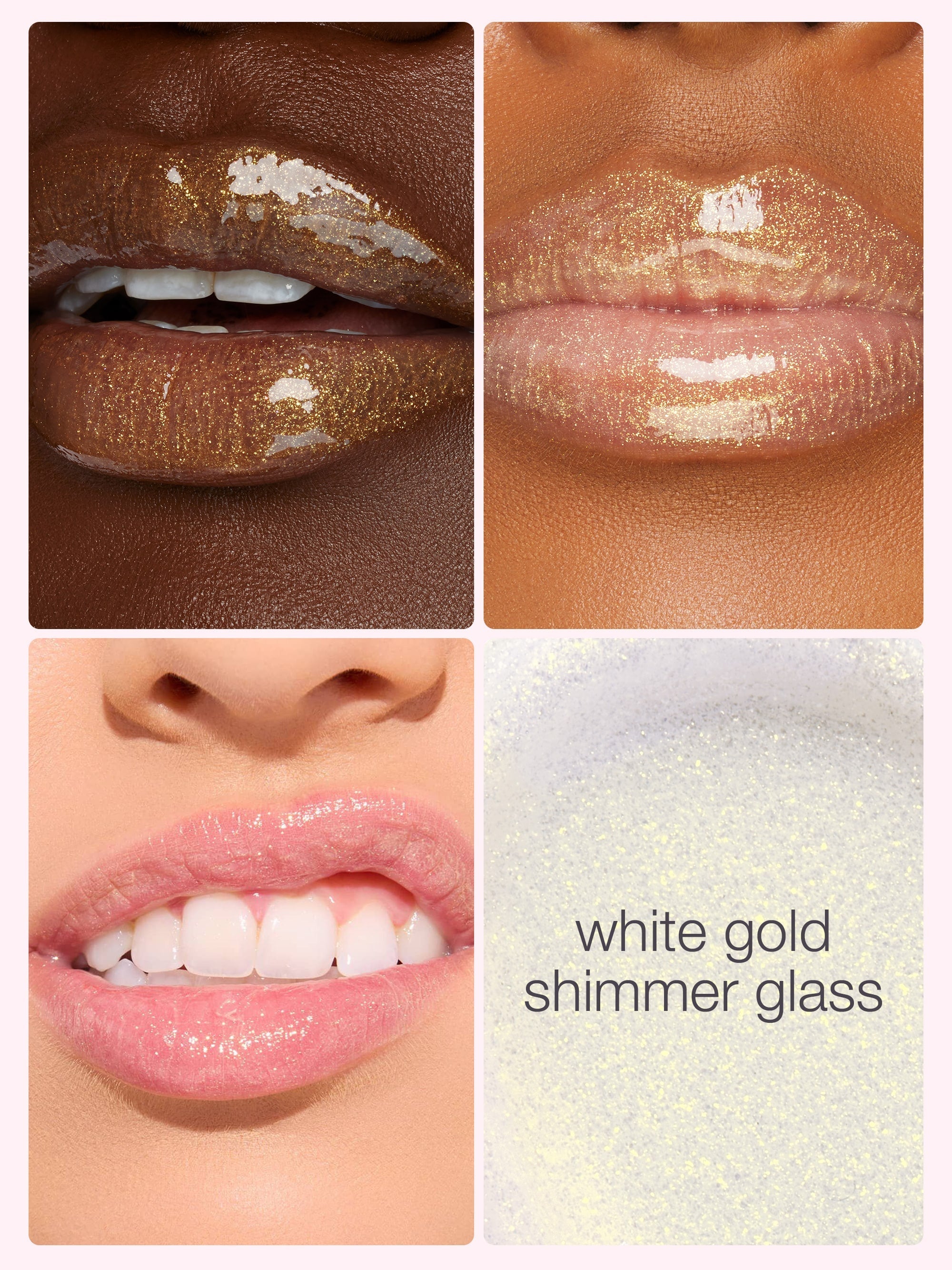 Collage of lips wearing white gold shimmer glass makeup with close-up of product texture.