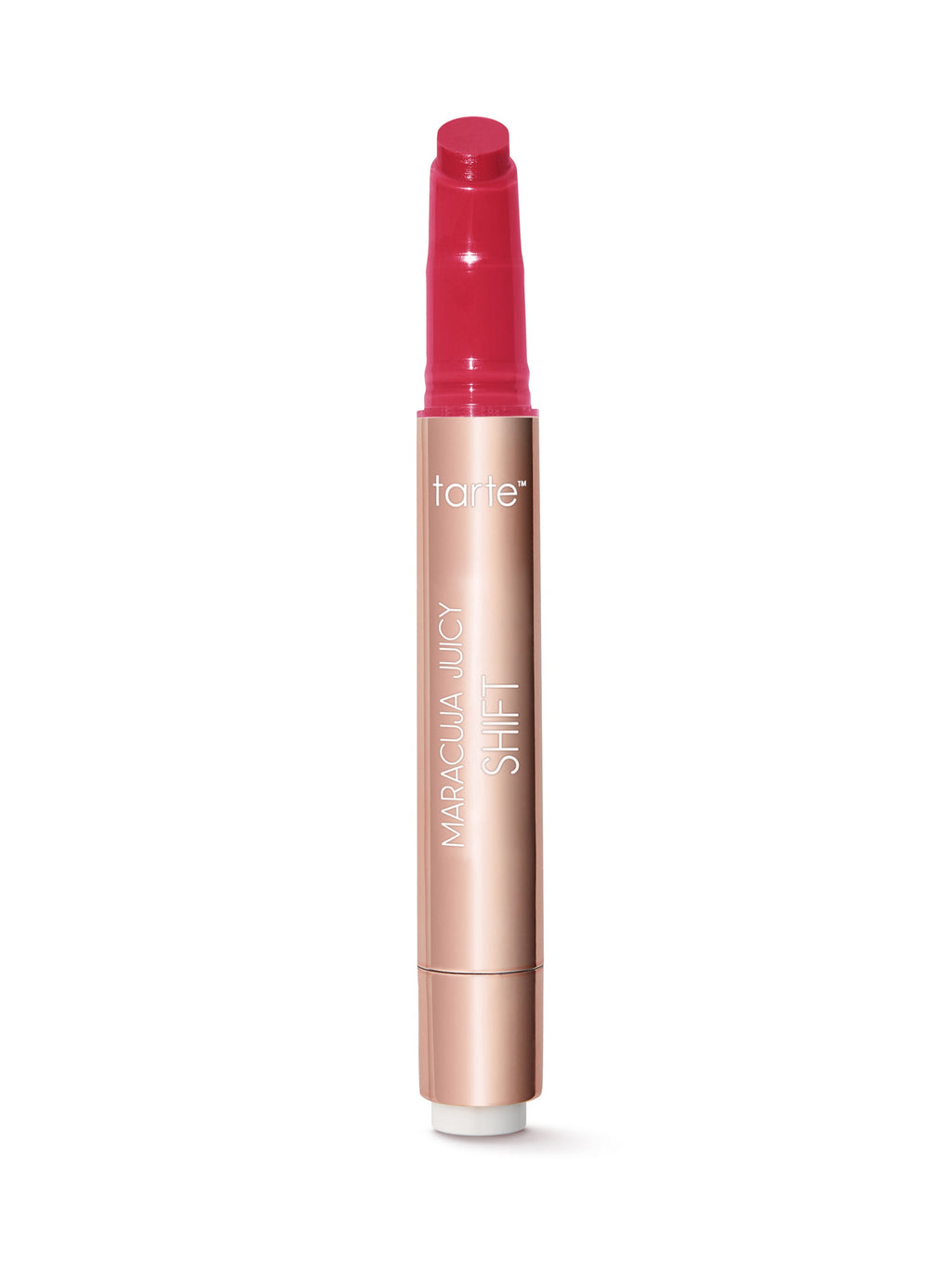Lip tint with pink cap and rose gold body on a white background