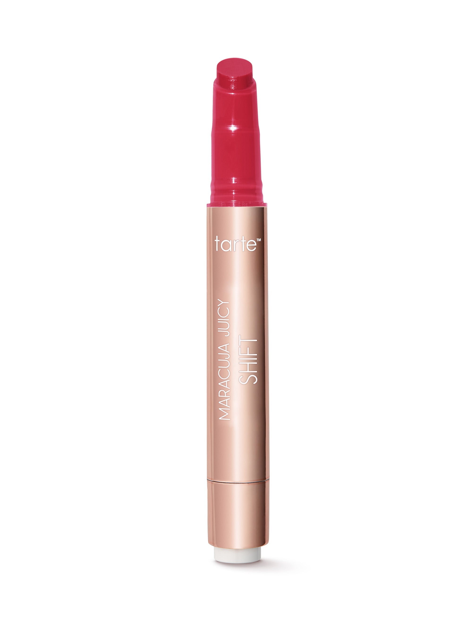 Lip tint with pink cap and rose gold body on a white background