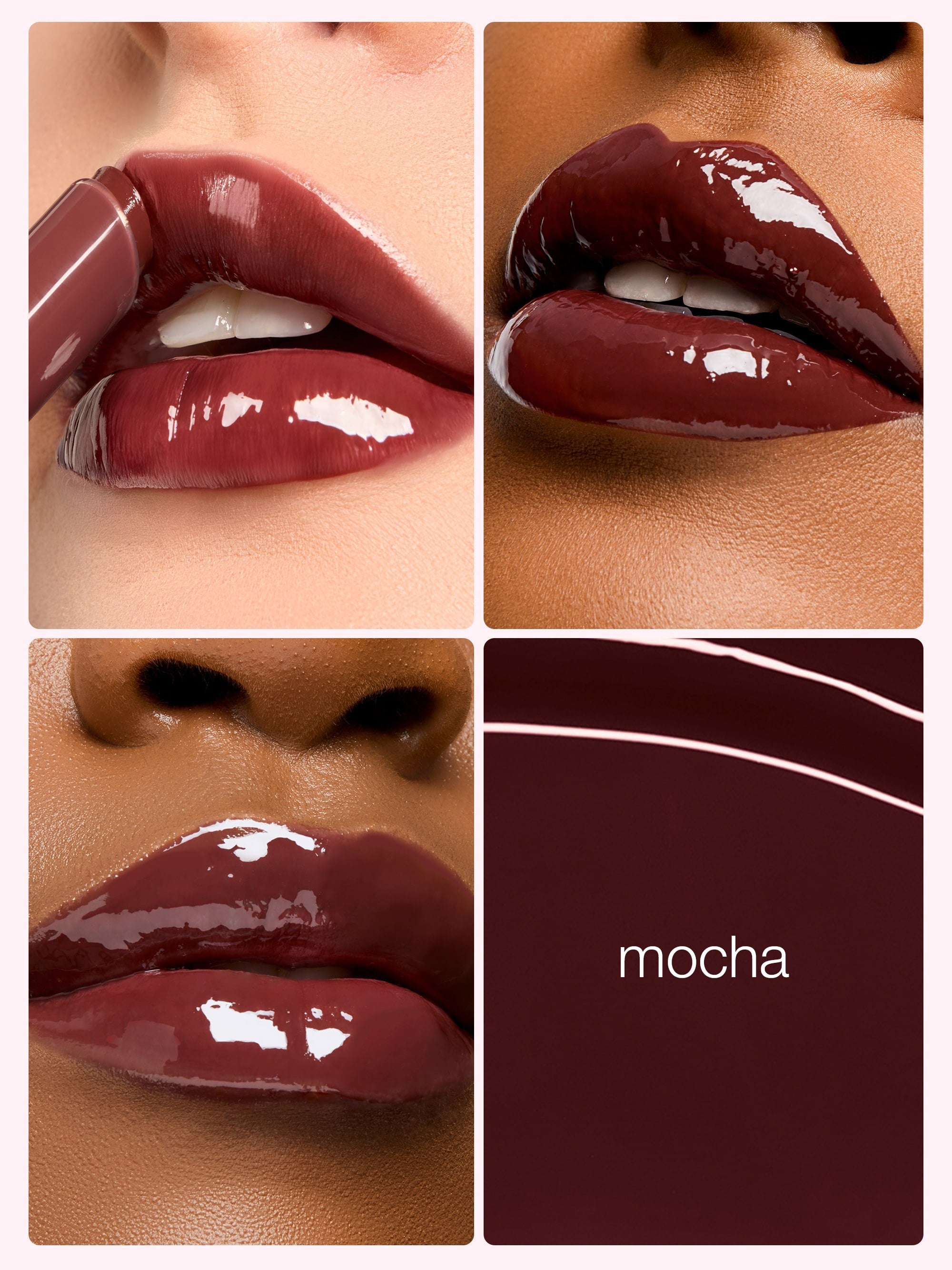 Collage of a person wearing a dark brown lipstick with close-up shots and a color swatch labeled 'mocha'.