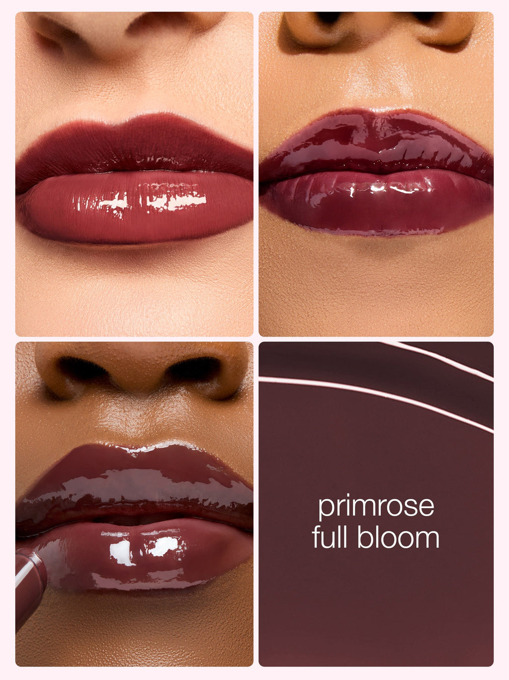 Collage of a woman's lips wearing a dark red lipstick with 'primrose full bloom' text on a brown background.