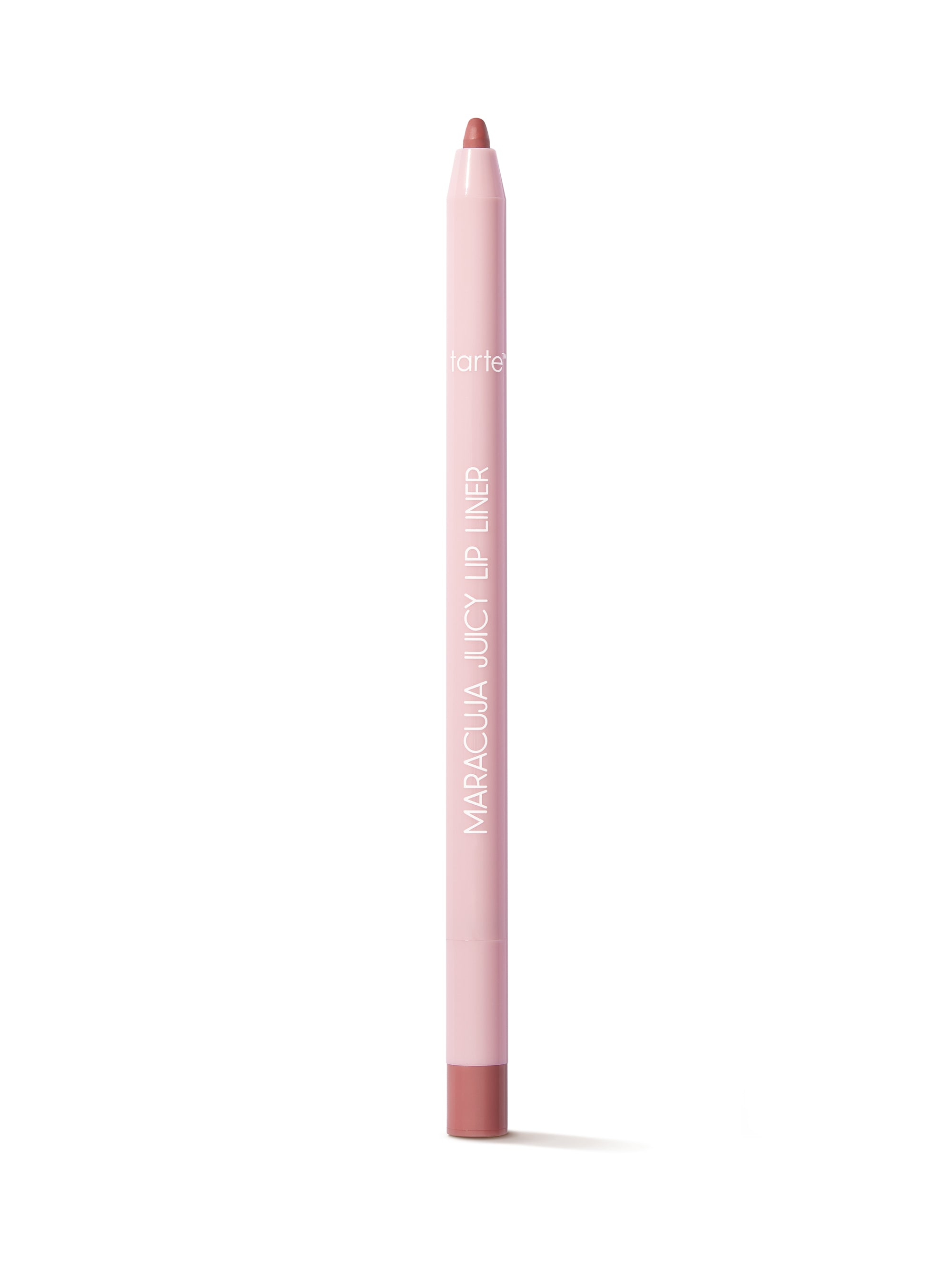 Pink lip liner pencil with brown tip on a white background