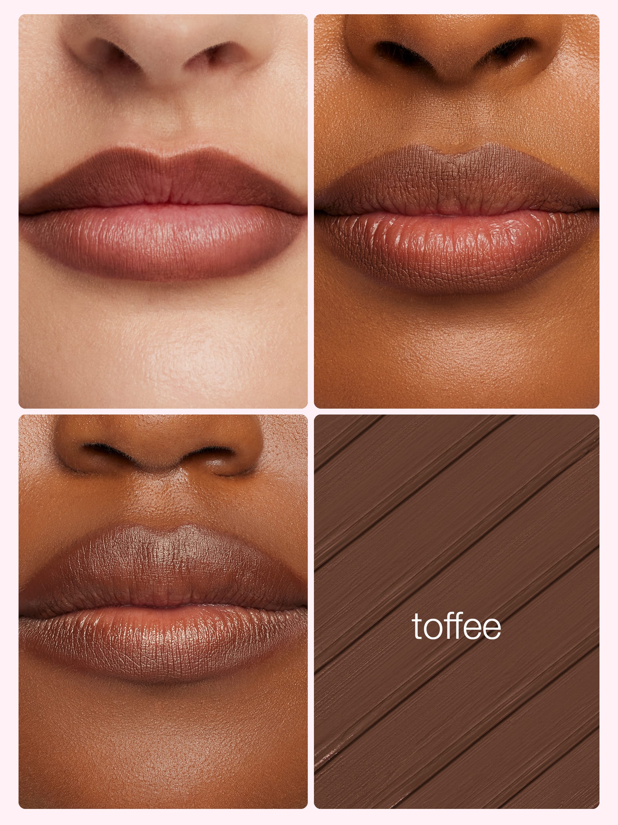 Lipstick shade swatches labeled 'toffee' on a neutral background