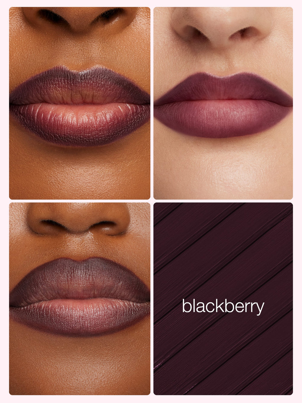 Lipstick shade swatches labeled 'blackberry' on a neutral background