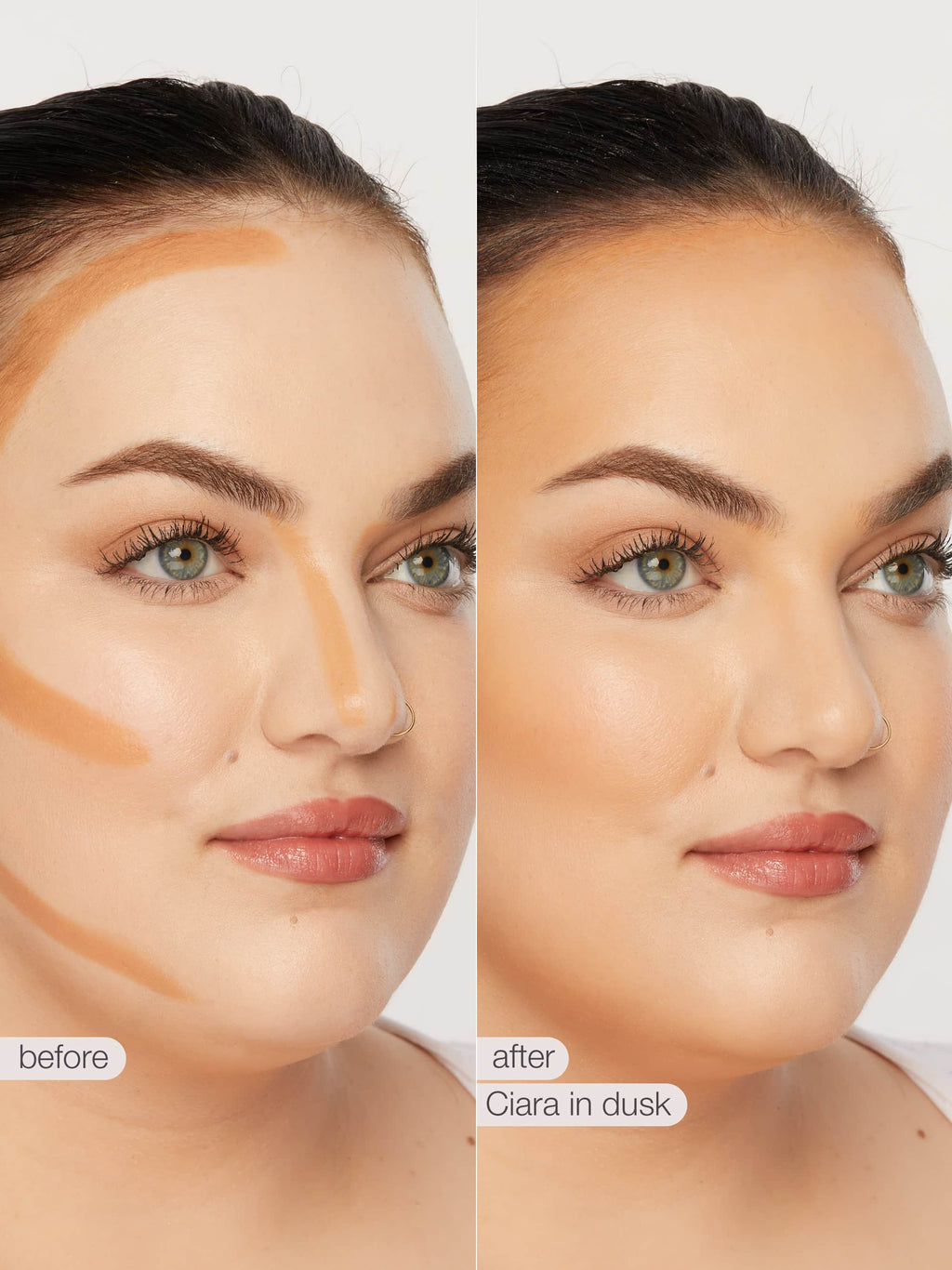Before and after comparison of a maneater silk stick bronzer application on a person's face.