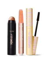 Set of Tarte makeup products including a maneater bronzer, maracuja juicy lip plump, and tartelette tubing XL mascara
