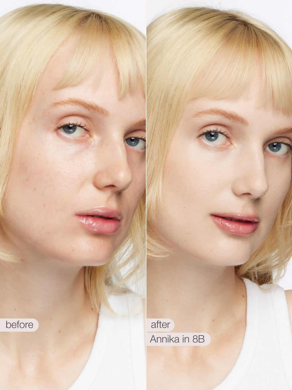 Before and after comparison of a woman with blonde hair, showing a transformation effect. using tarte shape tape concealer