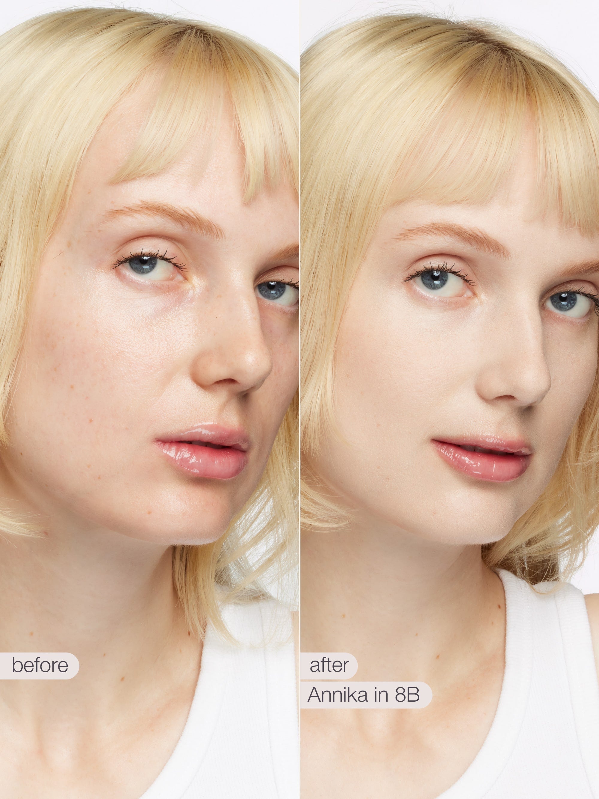 Before and after comparison of a woman with blonde hair, showing a transformation effect. using tarte shape tape concealer