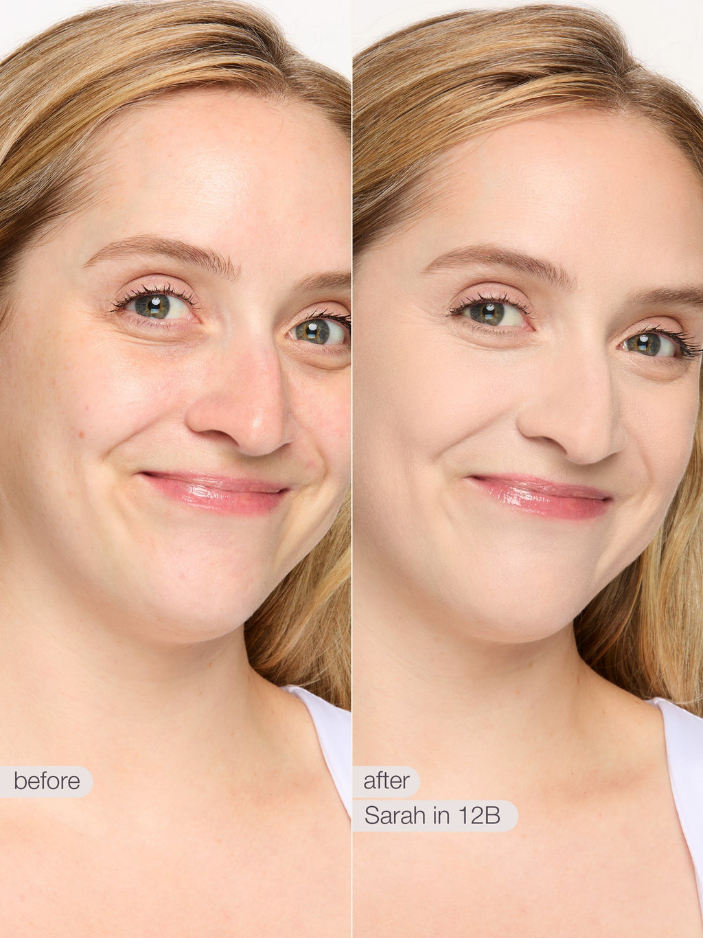 Before and after comparison of a woman's face with makeup application labeled 'Sarah in 12B'.tarte shape tape concealer