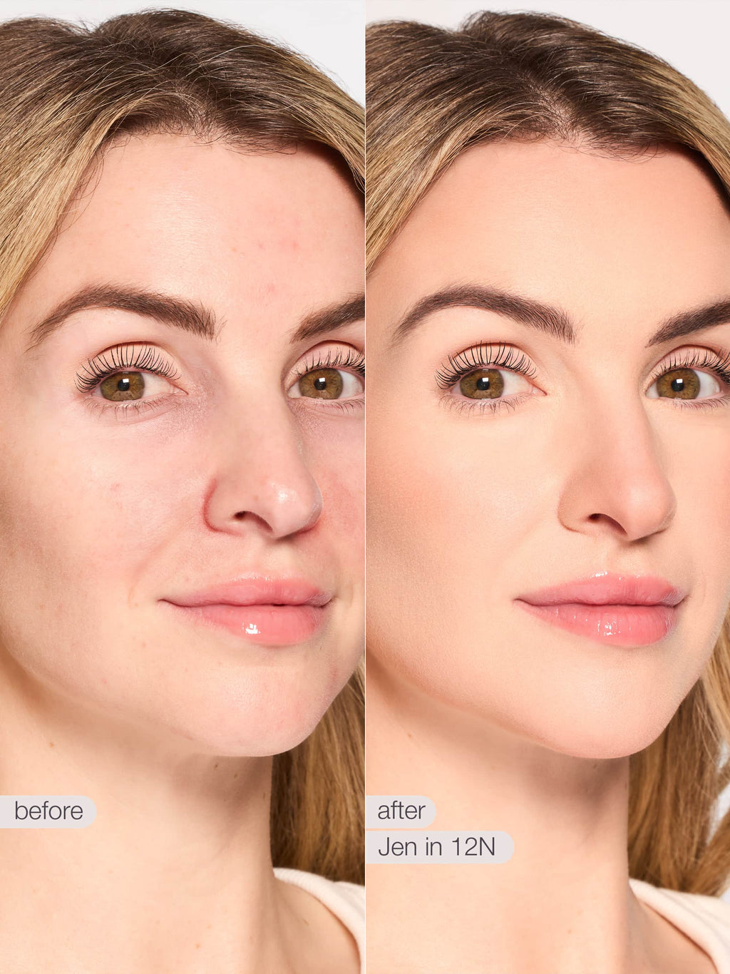 Before and after comparison of a woman's face with text 'before' and 'after' on a plain background. tarte shape tape concealer