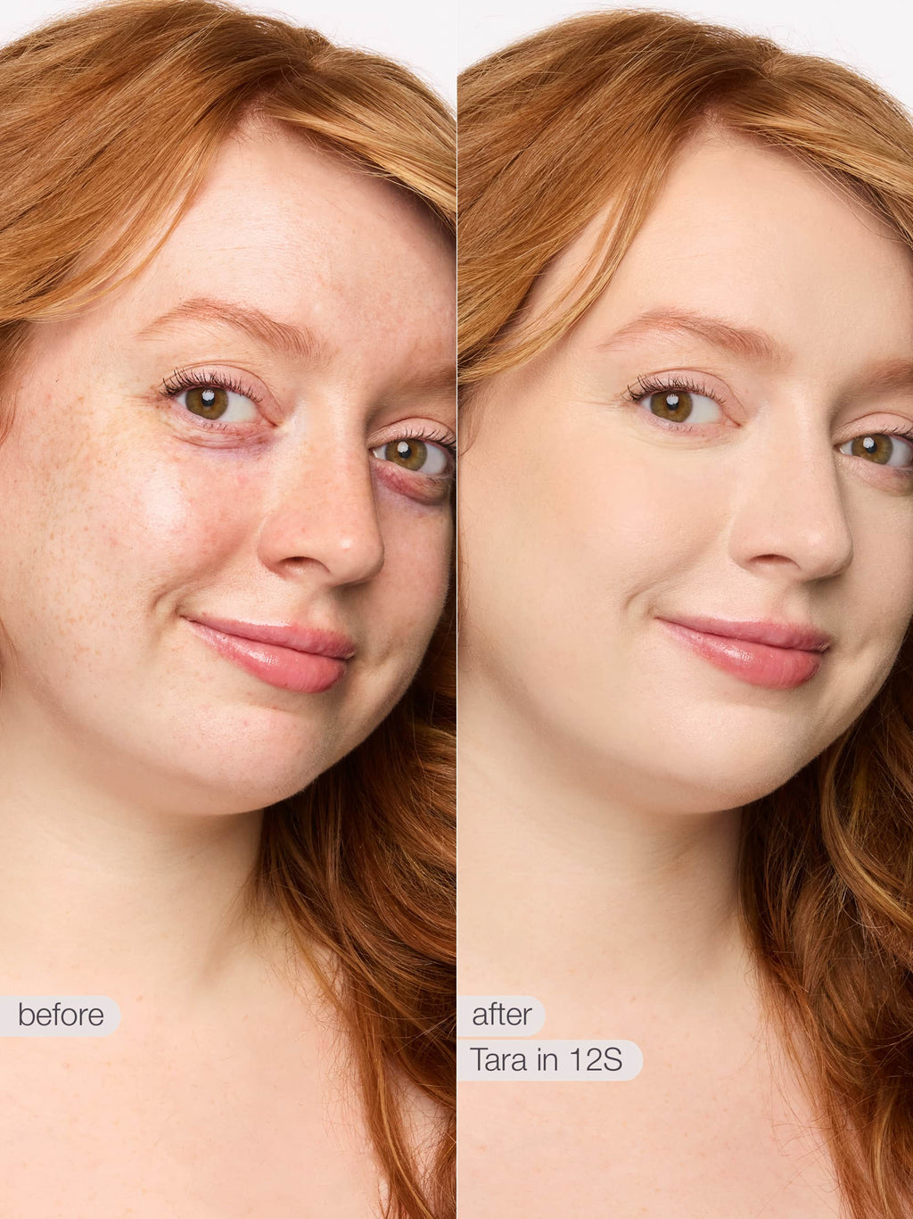 Before and after comparison of a woman's face with visible skin improvement. using tarte shape tape concealer