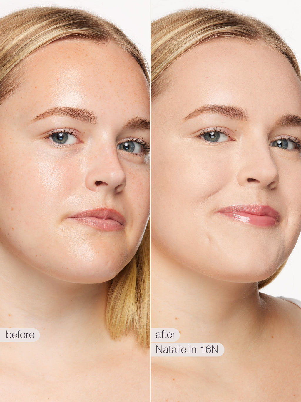 Before and after comparison of a woman's face with cosmetic effects applied. using tarte shape tape concealer