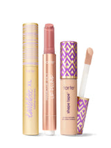 Collection of Tarte lip products including a tartelette tubing XL mascara, maracuja juicy lip plump, and tarte shape tape concealer. 