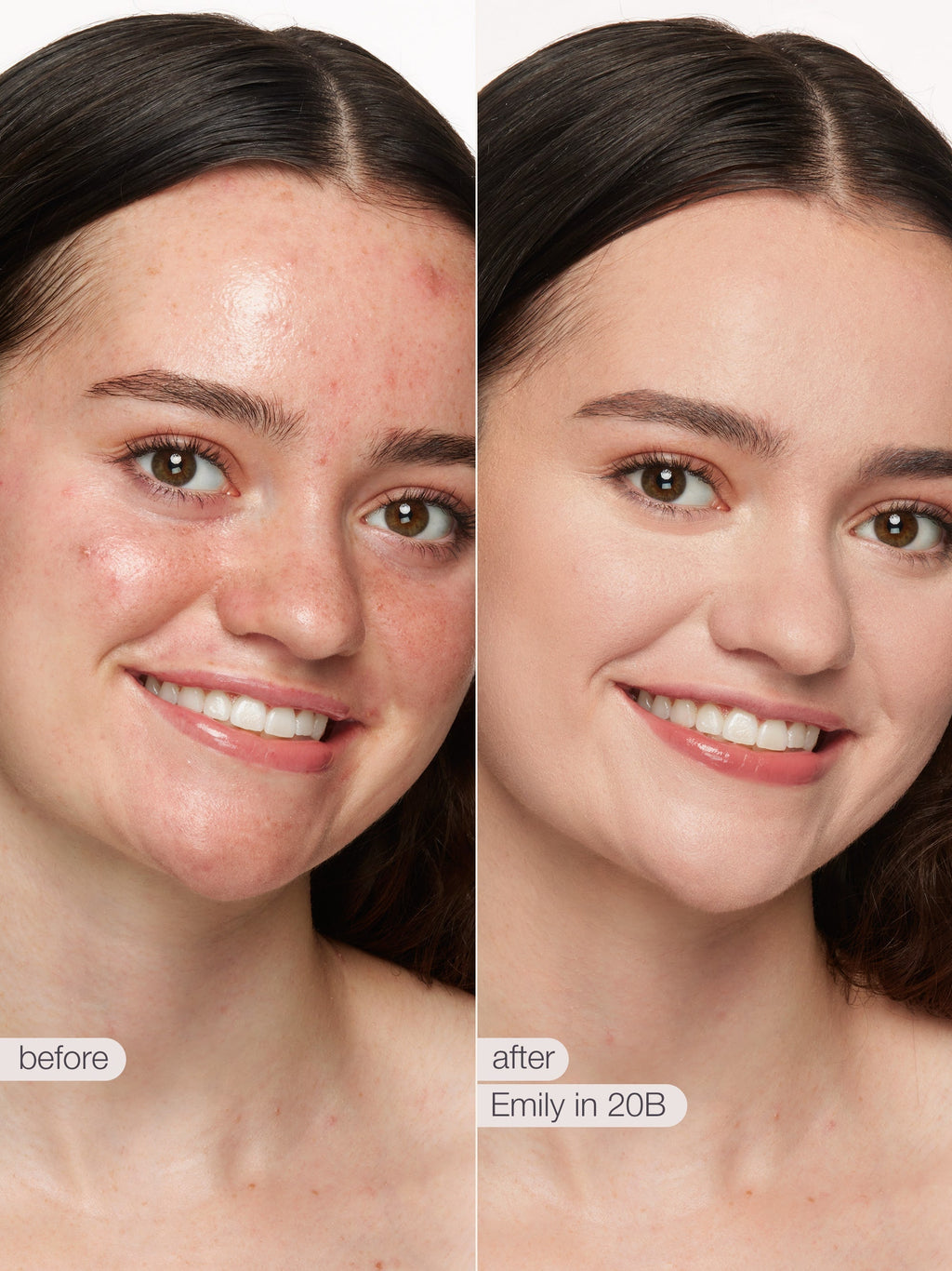Before and after comparison of a woman's face with visible skin improvement. using tarte shape tape concealer