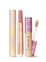 Collection of Tarte lip products including a tartelette tubing XL mascara, maracuja juicy lip plump, and tarte shape tape concealer. 