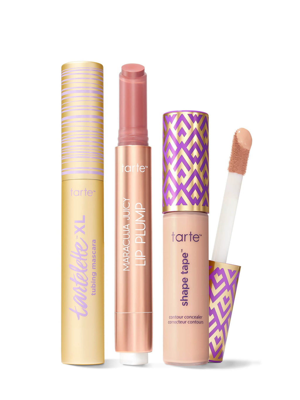 Collection of Tarte lip products including a tartelette tubing XL mascara, maracuja juicy lip plump, and tarte shape tape concealer. 