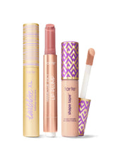 Collection of Tarte lip products including a tartelette tubing XL mascara, maracuja juicy lip plump, and tarte shape tape concealer. 