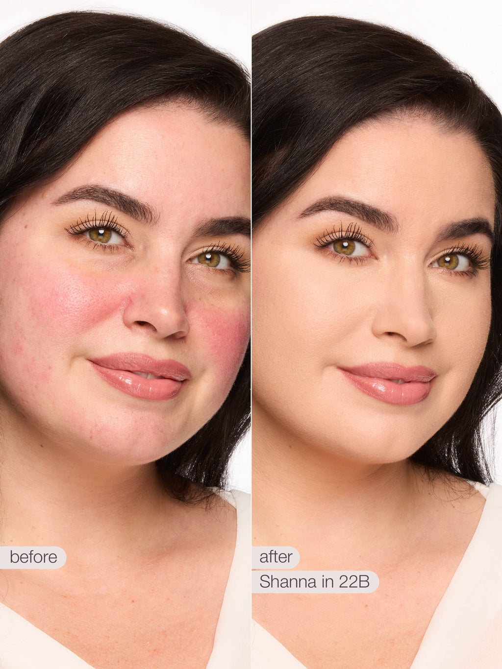 Before and after comparison of a woman's face with cosmetic product application labeled 'Shanna in 22B'. using tarte shape tape concealer