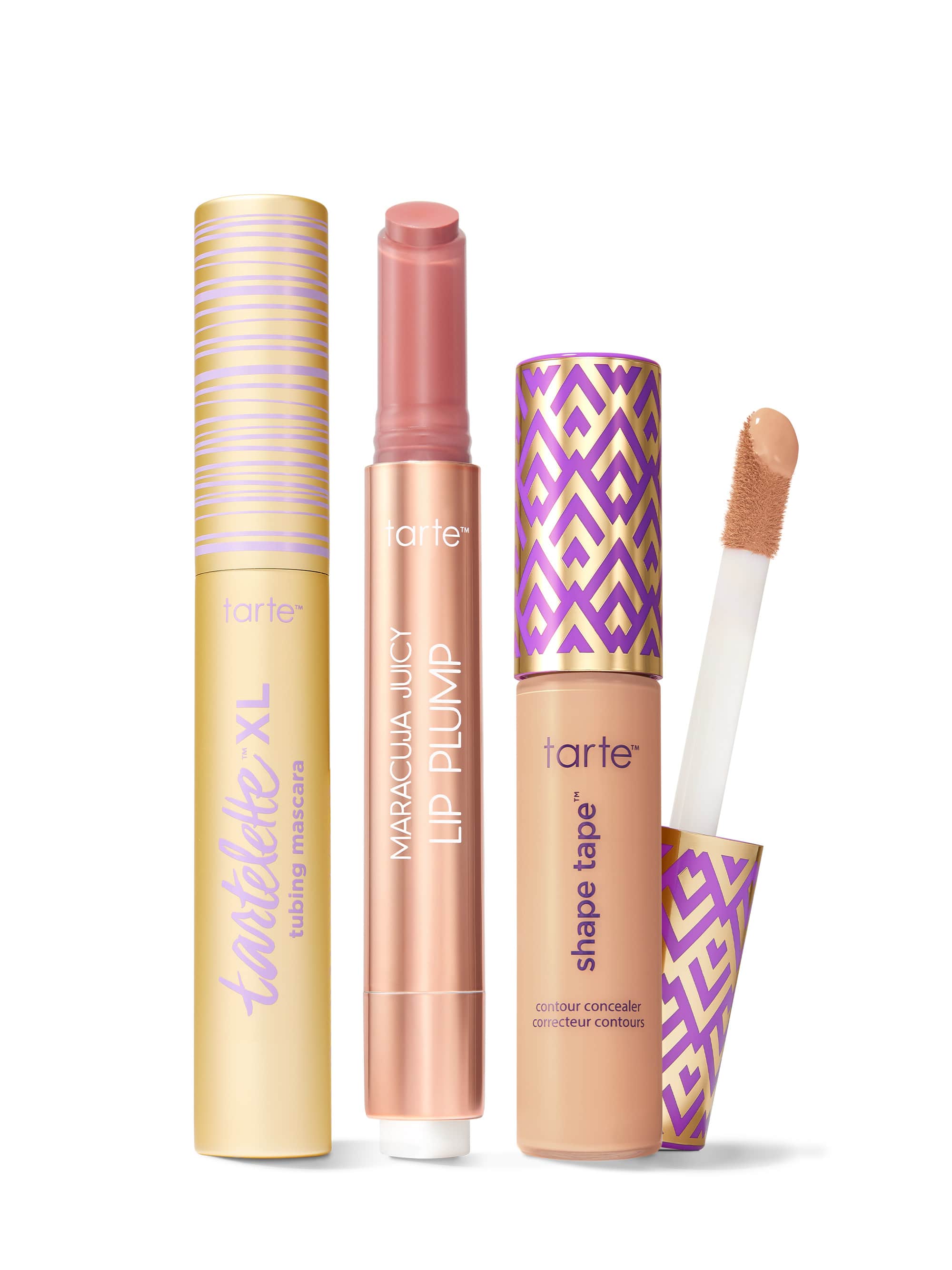 Collection of Tarte lip products including a tartelette tubing XL mascara, maracuja juicy lip plump, and tarte shape tape concealer. 